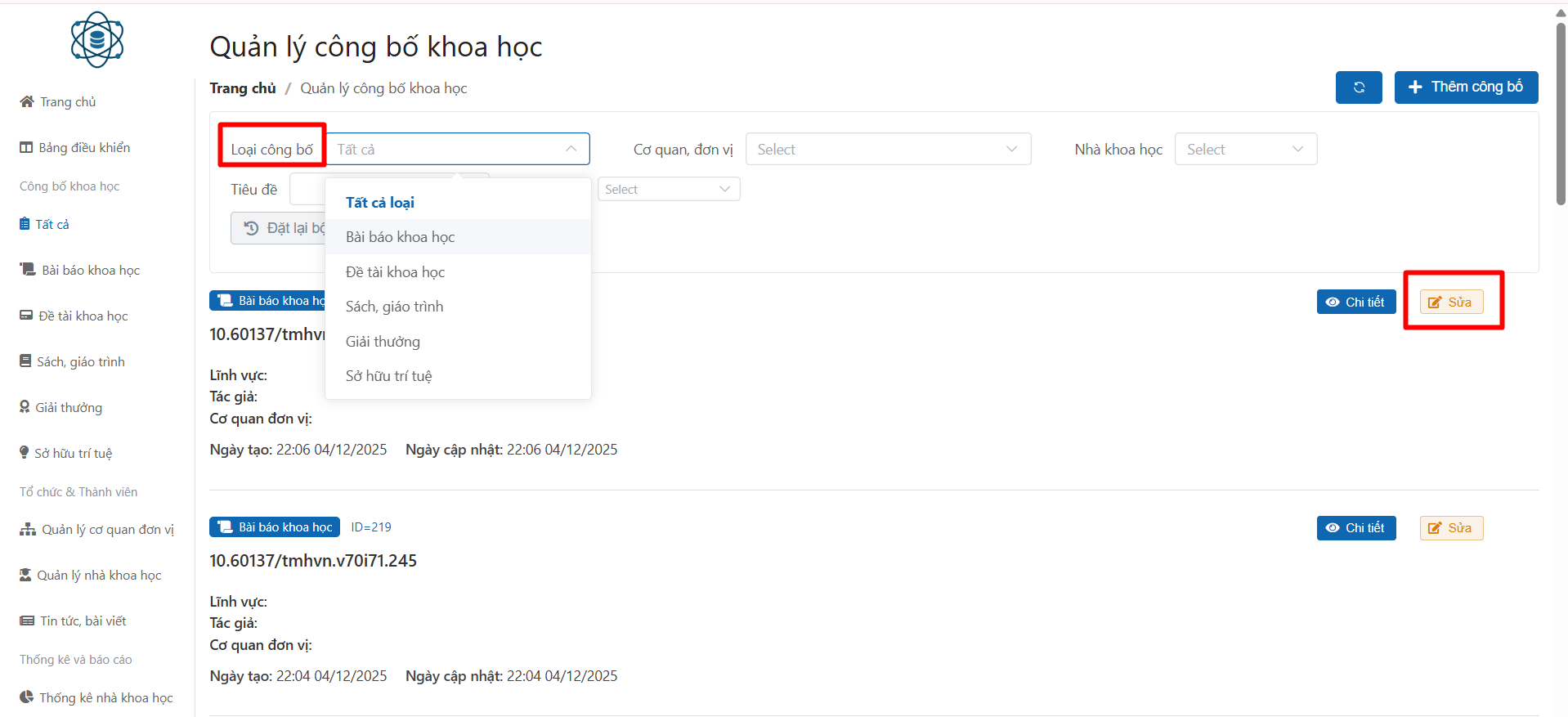 Chỉnh sửa công bố