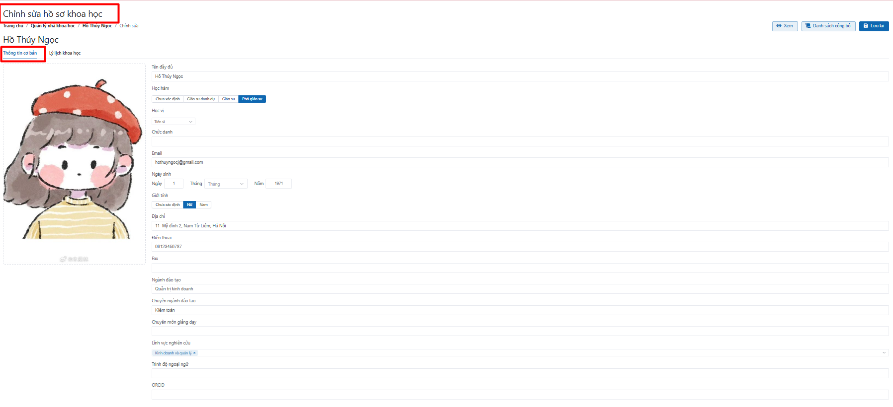 chỉnh sửa thông tin