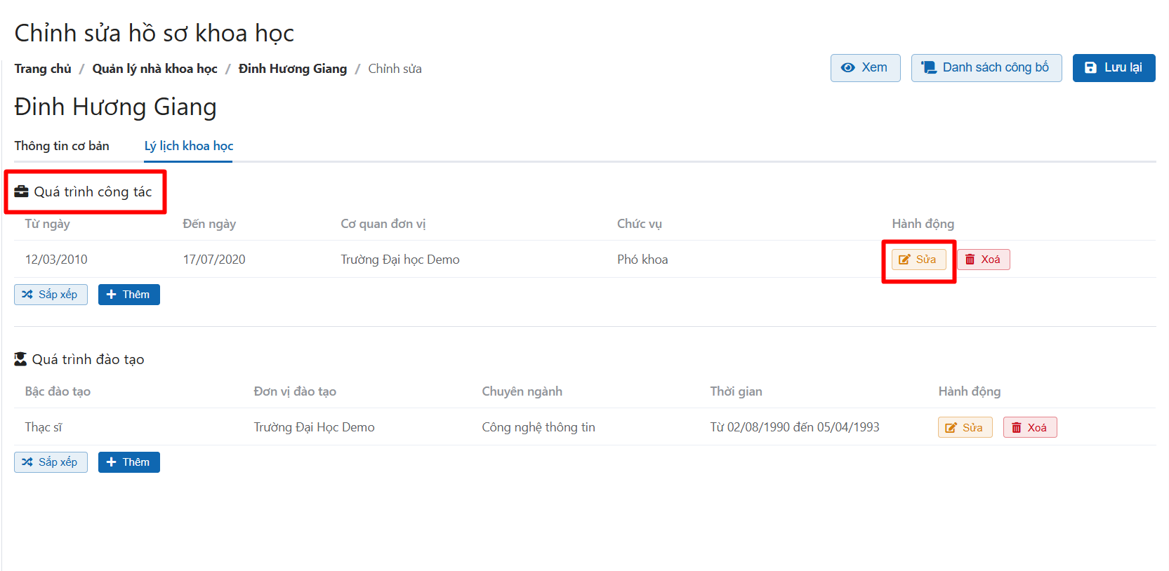 chỉnh sửa thông tin